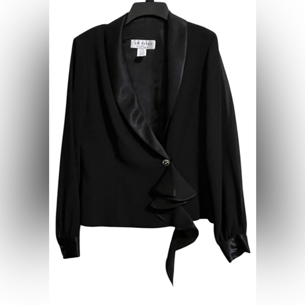J. R. Nites by Caliendo Black Evening Jacket Rhinestone Button Semi Sheer 8